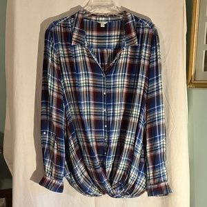 Royal blue and maroon plaid button up blouse with twist at front hem
